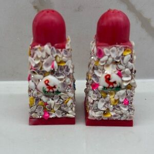 Vintage Pink Shell Encrusted Flamingo Embossed Kitschy Salt and Pepper Shakers